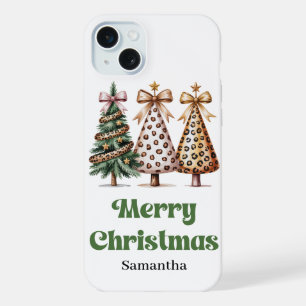 Feestelijke kerstbomen watercolor luipaardprint iPhone 15 plus case