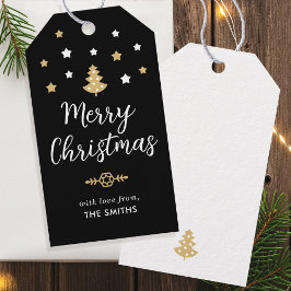 Feestelijke kerstboom aangepaste familienaam zwart cadeaulabel