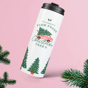 Feestelijke Kerstboom Boerderij  Retro Roze Van Thermosbeker