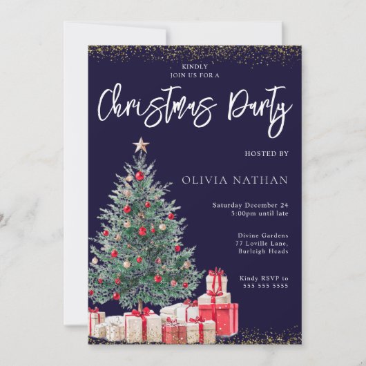Feestelijke kerstboom & cadeaus Navy kerstfeest Kaart (Voorkant)