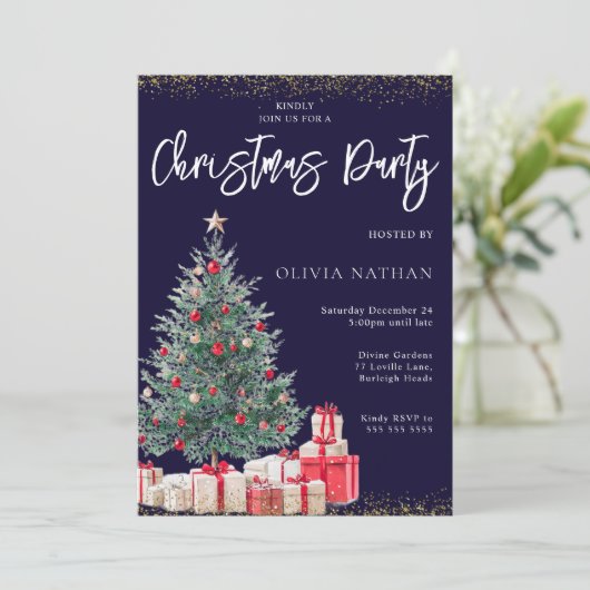 Feestelijke kerstboom & cadeaus Navy kerstfeest Kaart (Staand voorkant)
