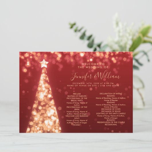 Feestelijke kerstboom Gold Red Wedding Menu Progra Kaart (Staand voorkant)