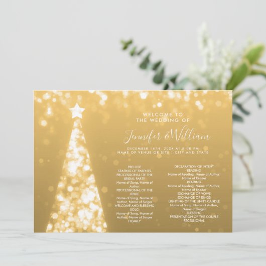 Feestelijke kerstboom Gold Wedding Menu Programma (Staand voorkant)
