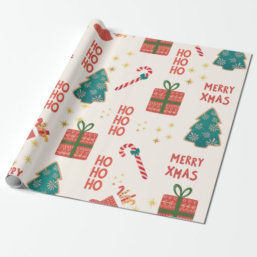 Feestelijke Kerstboom groen rood  Retro Cadeaupapier (Uitgerold)