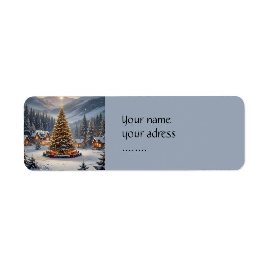 Feestelijke kerstboom in een bergdorp etiket (Voorkant)