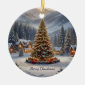 Feestelijke kerstboom in een bergdorp keramisch ornament (Voorkant)