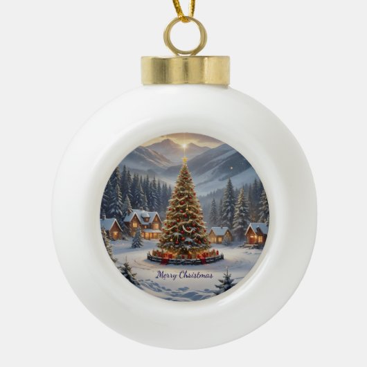 Feestelijke kerstboom in een bergdorp keramische bal ornament (Voorkant)