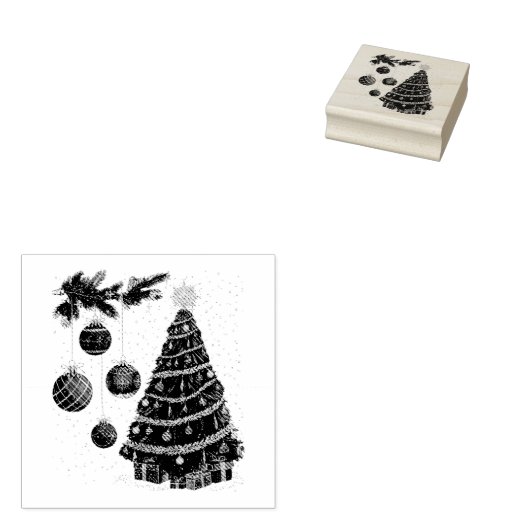Feestelijke Kerstboom & Kerstballen Rubberstempel (Gestempeld)