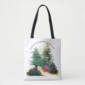 Feestelijke kerstboom met cadeautjes tote bag