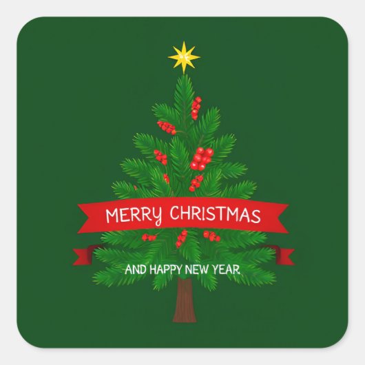 Feestelijke kerstboom met rode lint vierkante sticker (Voorkant)
