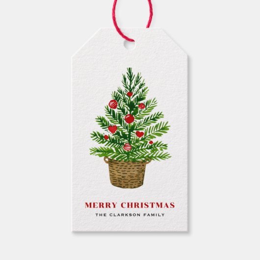 Feestelijke kerstboom op Wicker Basket Christmas Cadeaulabel (Voorkant)