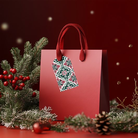 Feestelijke kerstboom Patroon Rood, Groen & Goud Cadeaulabel