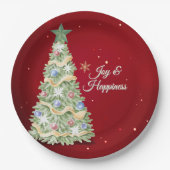 Feestelijke kerstboom rode achtergrond vakantie papieren bordje (Voorkant)