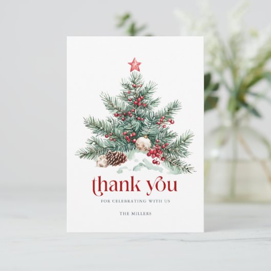 Feestelijke kerstboom rode retro typografie bedankkaart (Staand voorkant)