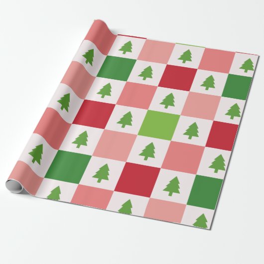 Feestelijke kerstboom schaakbord patroon cadeaupapier (Uitgerold)