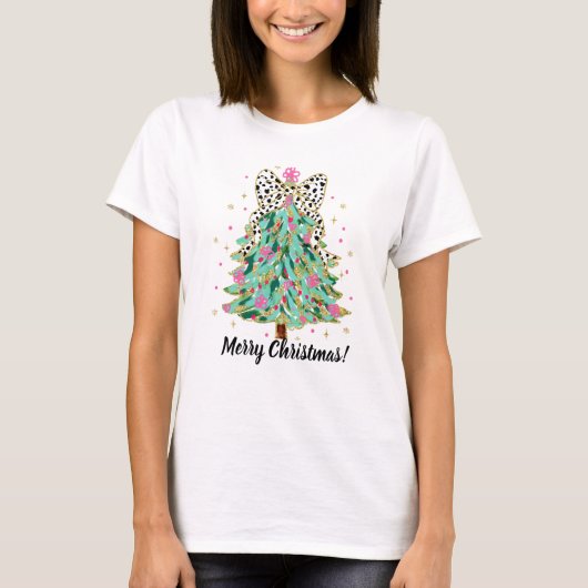 Feestelijke Kerstboom T-shirt met Coquette Bow (Voorkant)