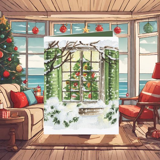 Feestelijke kerstboom venster tekst toevoegen feestdagen kaart