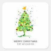 Feestelijke kerstboom Waterverf Vierkante Sticker (Voorkant)