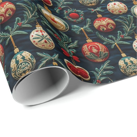 Feestelijke kerstborduurstijl cadeaupapier (Rol Hoek)