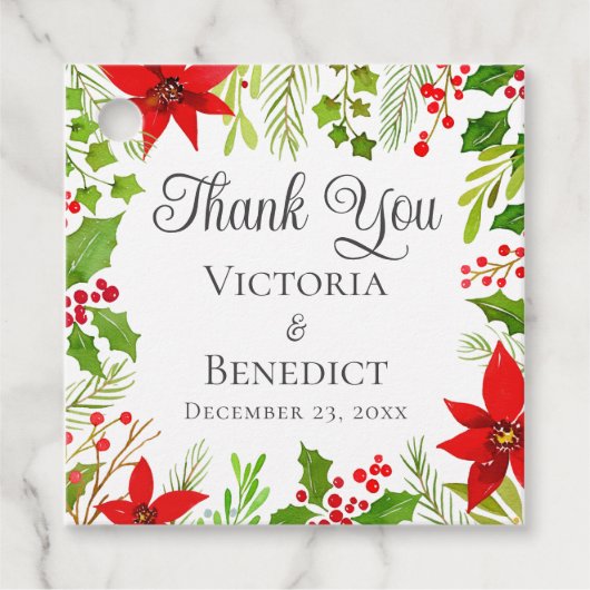 Feestelijke Kerstbruiloft Bloemen Gepersonaliseerd Bedankjes Labels (Voorkant)