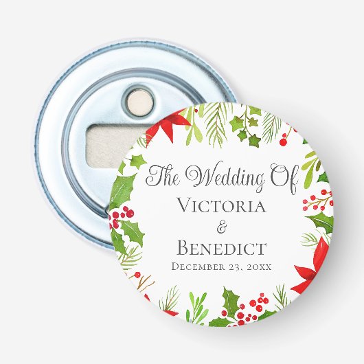Feestelijke Kerstbruiloft Bloemen Gepersonaliseerd Button Flesopener (Voorkant)