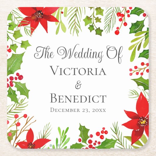 Feestelijke Kerstbruiloft Bloemen Gepersonaliseerd Kartonnen Onderzetters (Voorkant)