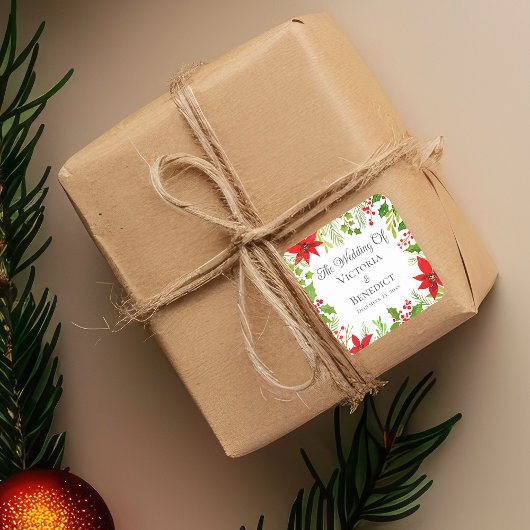 Feestelijke Kerstbruiloft Bloemen Gepersonaliseerd Vierkante Sticker