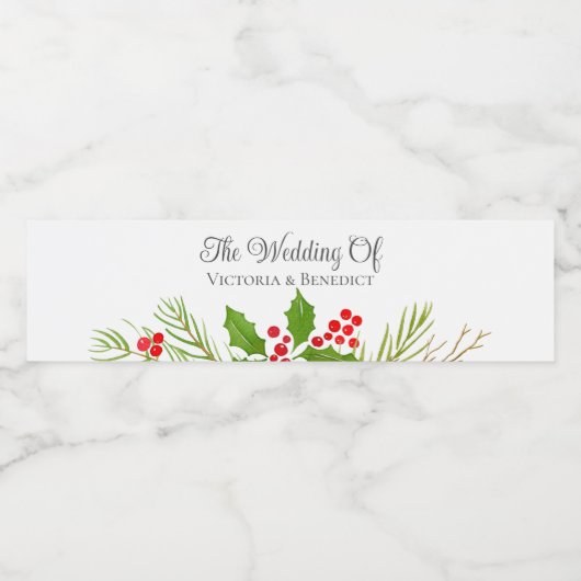 Feestelijke Kerstbruiloft Bloemen Gepersonaliseerd Waterfles Etiket (Enkel label)