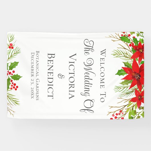 Feestelijke kerstbruiloft Poinsettia gepersonalise Spandoek (Horizontaal)