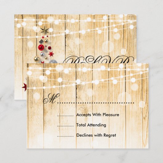 Feestelijke kerstbruiloft RSVP Tree Lights Ribbon Kaartje (Voorkant / Achterkant)