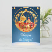 Feestelijke kerstbubbel display met geschenken feestdagenkaart (Staand voorkant)