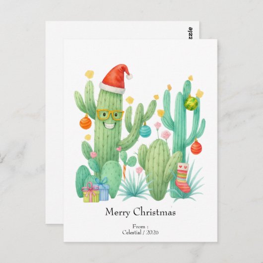 Feestelijke Kerstcactus met Santa Hat & Ornament Briefkaart (Voorkant / Achterkant)