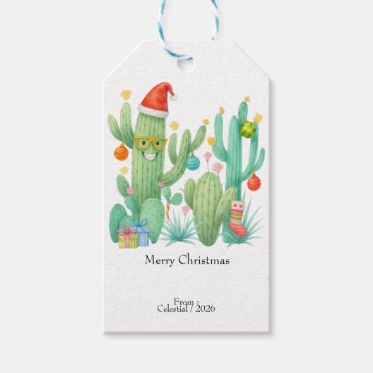 Feestelijke Kerstcactus met Santa Hat & Ornament Cadeaulabel (Voorkant)