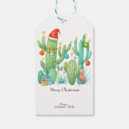 Feestelijke Kerstcactus met Santa Hat & Ornament Cadeaulabel