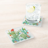 Feestelijke Kerstcactus met Santa Hat & Ornament Glazen Onderzetter (Schuin)