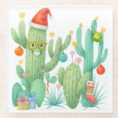Feestelijke Kerstcactus met Santa Hat & Ornament Glazen Onderzetter (Voorkant)