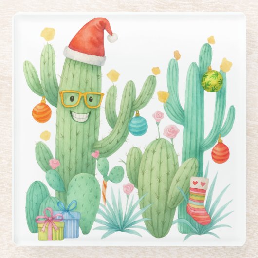 Feestelijke Kerstcactus met Santa Hat & Ornament Glazen Onderzetter (Voorkant)