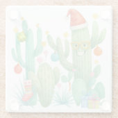 Feestelijke Kerstcactus met Santa Hat & Ornament Glazen Onderzetter (Achterkant)