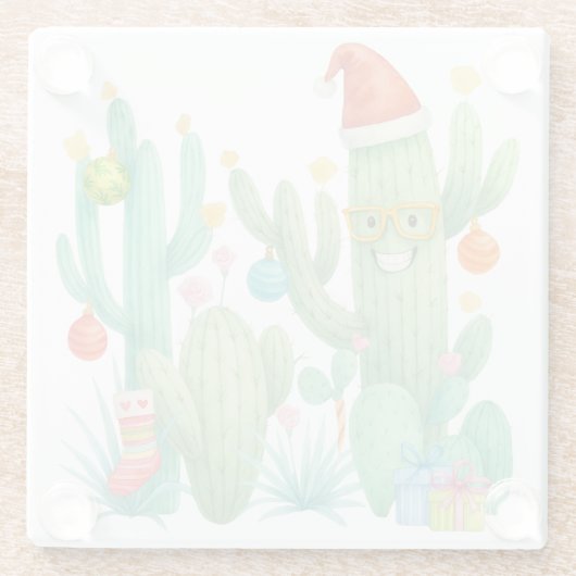 Feestelijke Kerstcactus met Santa Hat & Ornament Glazen Onderzetter (Achterkant)