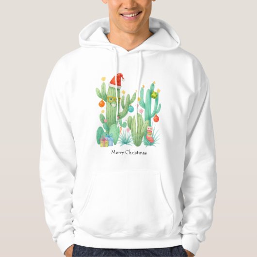 Feestelijke Kerstcactus met Santa Hat & Ornament Hoodie (Voorkant)