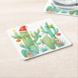 Feestelijke Kerstcactus met Santa Hat & Ornament Kartonnen Onderzetters