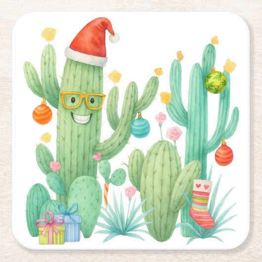 Feestelijke Kerstcactus met Santa Hat & Ornament Kartonnen Onderzetters (Voorkant)