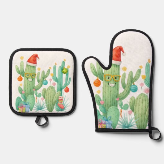 Feestelijke Kerstcactus met Santa Hat & Ornament Ovenwant & Pannenlap Set (Voorkant)