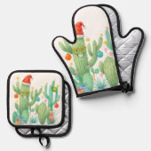 Feestelijke Kerstcactus met Santa Hat & Ornament Ovenwant & Pannenlap Set (Voorkant / Achterkant)
