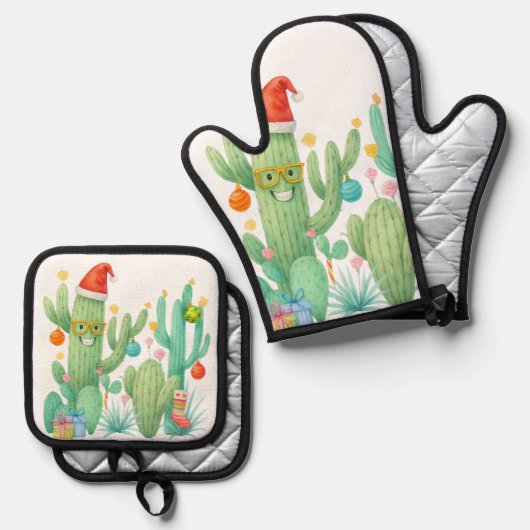 Feestelijke Kerstcactus met Santa Hat & Ornament Ovenwant & Pannenlap Set (Voorkant / Achterkant)