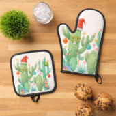 Feestelijke Kerstcactus met Santa Hat & Ornament Ovenwant & Pannenlap Set (Top down)