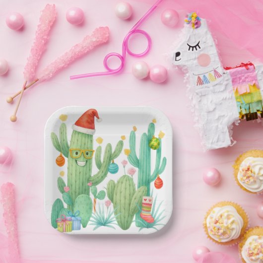 Feestelijke Kerstcactus met Santa Hat & Ornament Papieren Bordje (Feest)