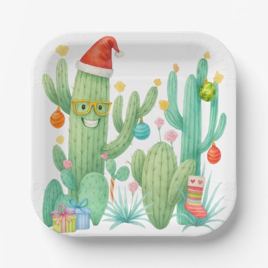 Feestelijke Kerstcactus met Santa Hat & Ornament Papieren Bordje (Voorkant)