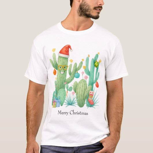 Feestelijke Kerstcactus met Santa Hat & Ornament T-shirt (Voorkant)