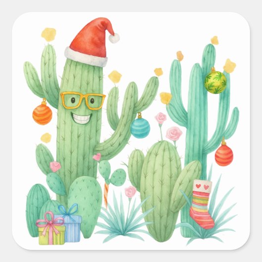 Feestelijke Kerstcactus met Santa Hat & Ornament Vierkante Sticker (Voorkant)